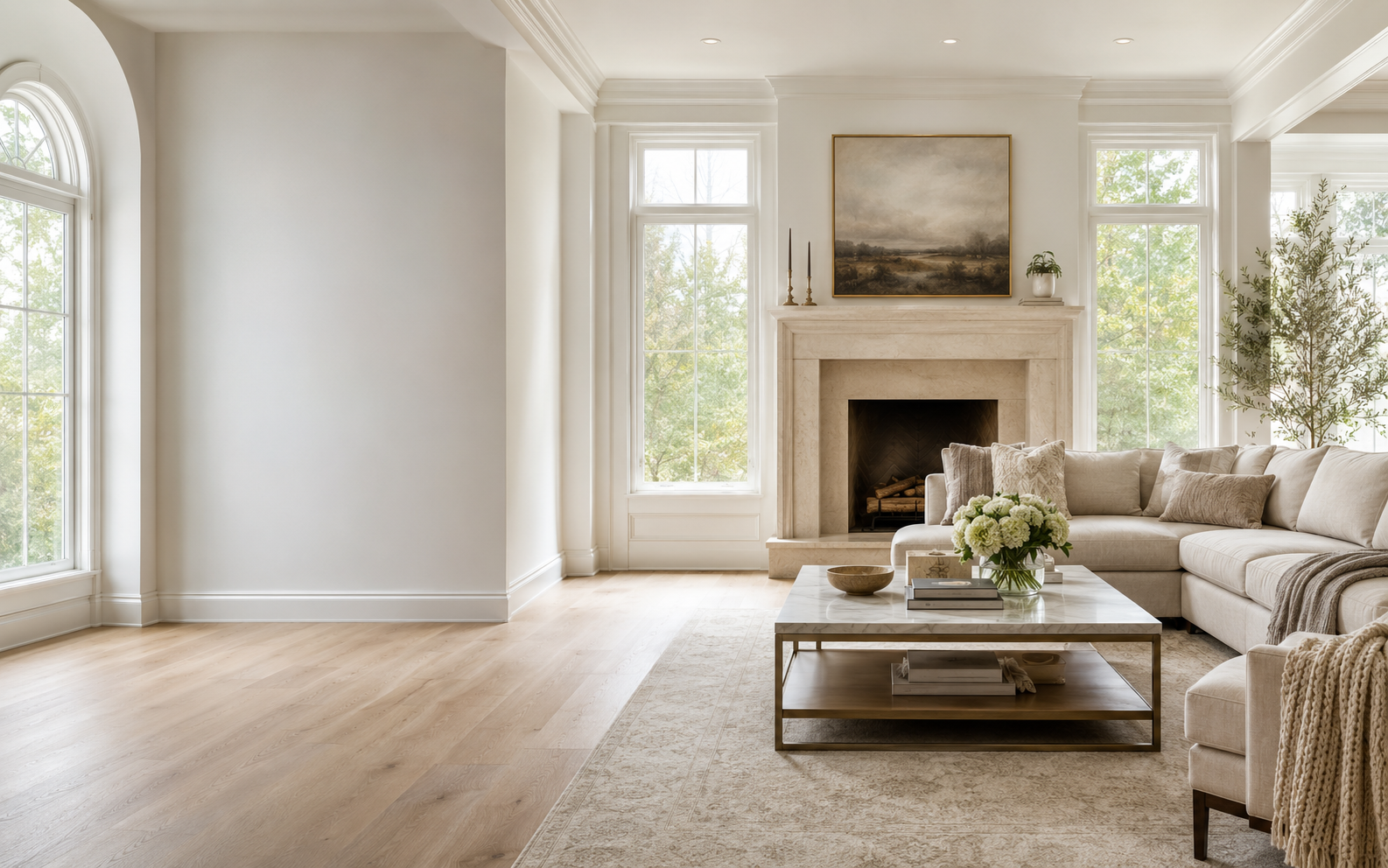 Immaculate luxury living room in warm ivory tones